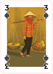 An iconic bamboo yoke balanced on the shoulder, used to transport baskets of fruits—symbolizing resilience and daily life in Vietnam