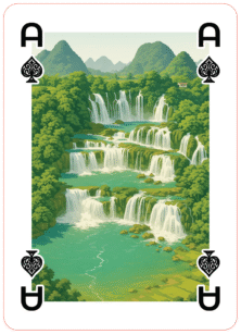 Majestic cascades straddling the border of Vietnam and China, where emerald waters flow through lush, scenic limestone cliffs